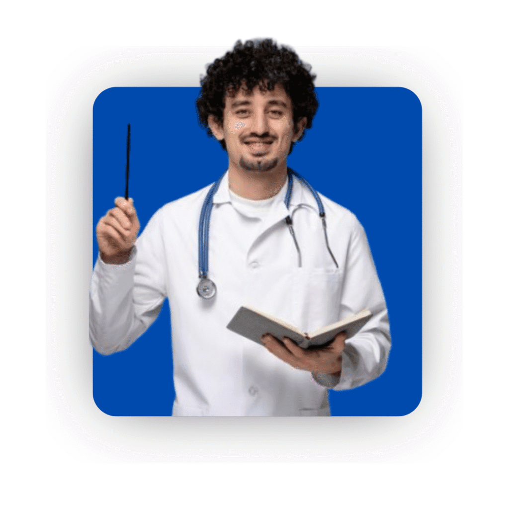 Male doctors with curly hair with pen and not book